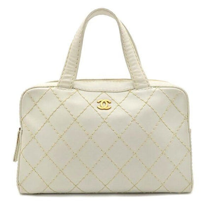 CHANEL CC Wild Stitch Vintage Quilted Bowler Hand Bag Tote Lambskin