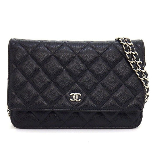 Chanel Shoulder Bag Quilted Classic Chain Wallet Black Gold Grained