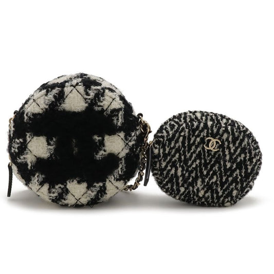Chanel Round Chain Shoulder Pochette Shape Houndstooth Tweed Shearling Ivory