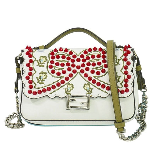Fendi Double Micro Baguette Studded 2-Way Shoulder Bag Handbag Leather
