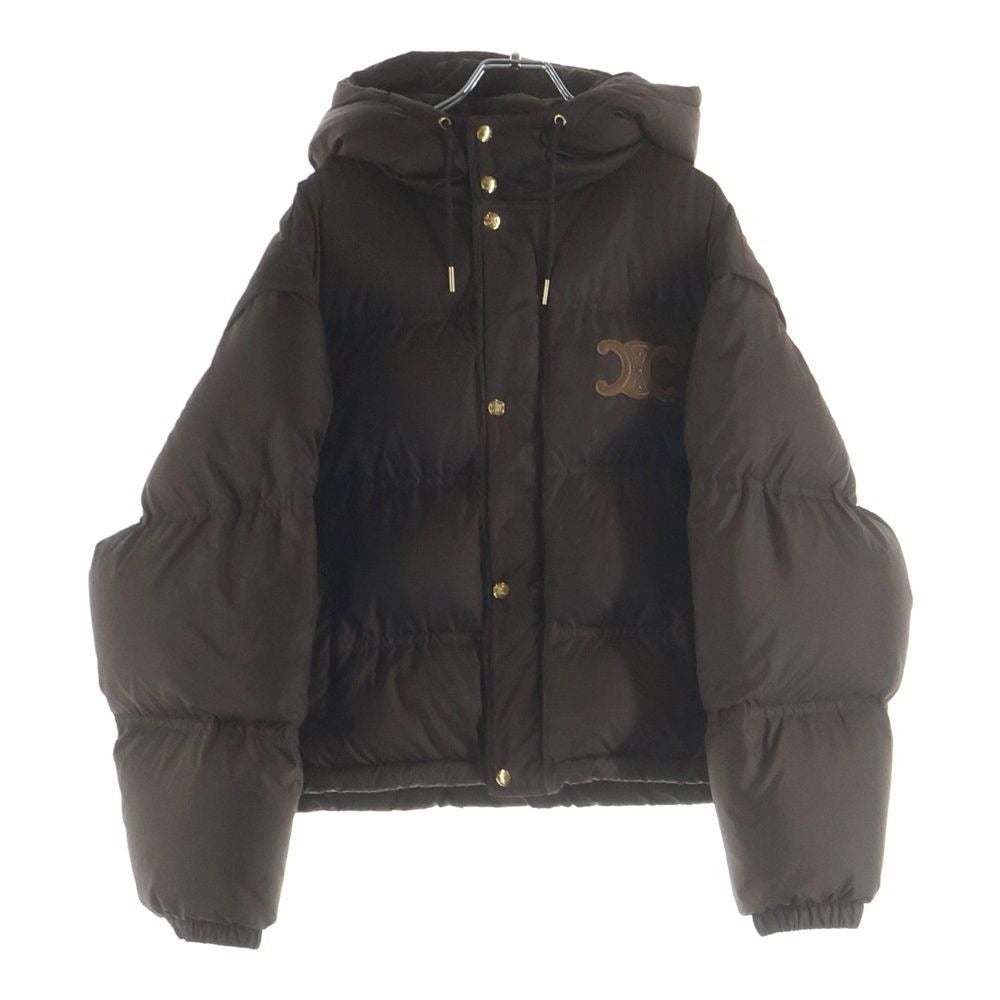 Celine Leather Triomphe Zip Up Cropped Nylon Down Jacket Brown