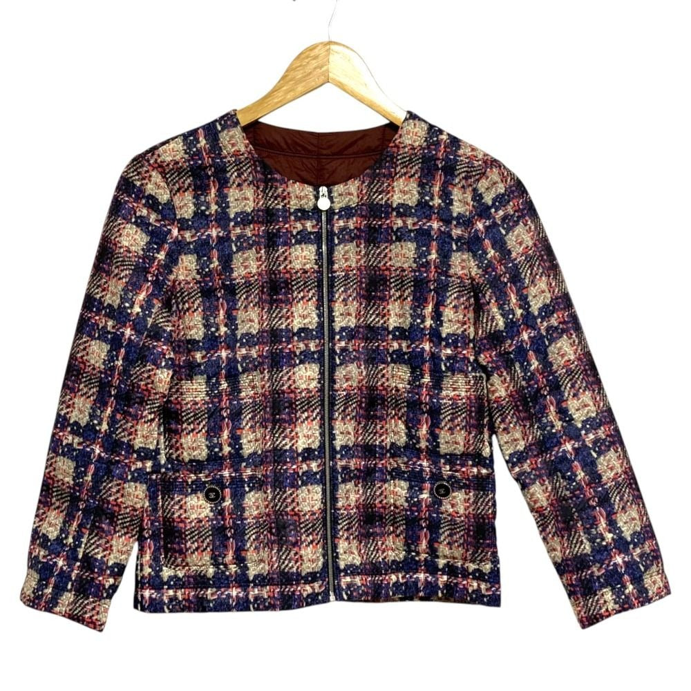 Chanel Tweed Transfer Print Padding Jacket 34 Navy Multicolor