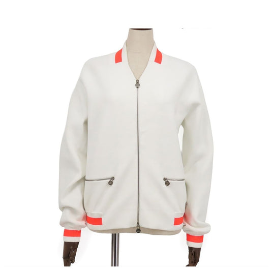 Chanel Collarless Jacket White Fluorescent Orange Rayon Polyester Double Zip 36
