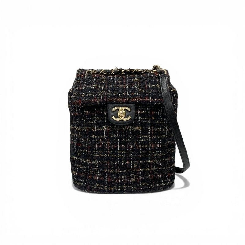 Chanel Backpack Tweed Lambskin Black Gold Quilted CC Logo Turnlock Chain