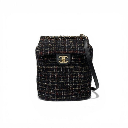 Chanel Backpack Tweed Lambskin Black Gold Quilted CC Logo Turnlock Chain