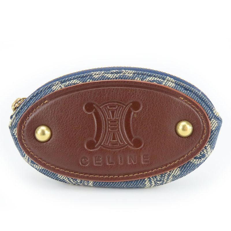 Celine Coin Case Macadam Denim Leather Blue Brown Gold Hardware Key Ring Small