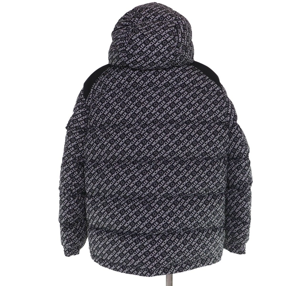 Moncler Maire Logo Patch with Hood All Over Pattern Down Jacket Black 3 Hanger — view 3