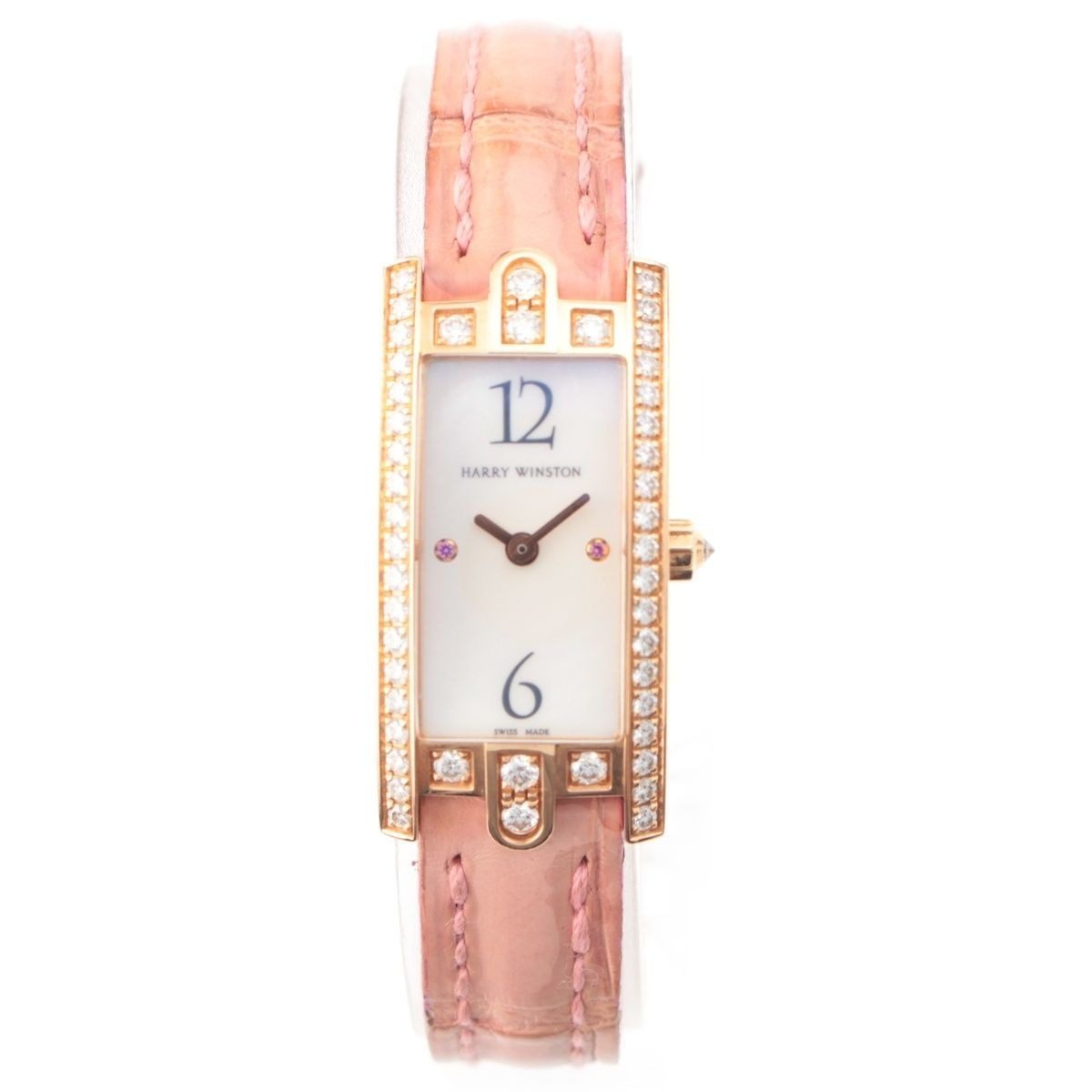 Harry Winston Avenue-c Mini 18k Pink Gold Diamond Ruby Crocodile Bracelet White