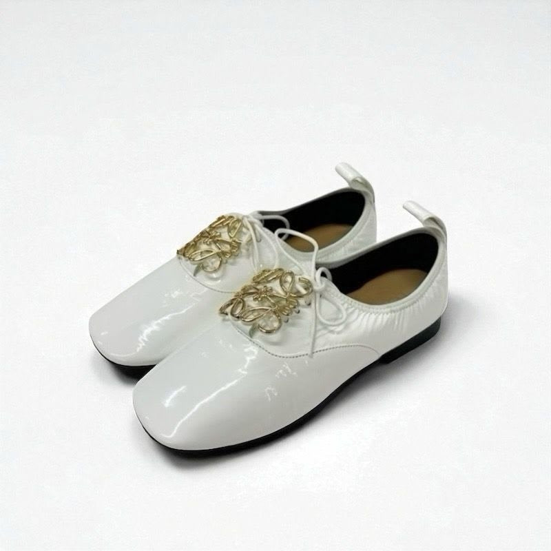 Loewe Flat Shoes Patent White Gold Anagram Soft Derby Lace Up