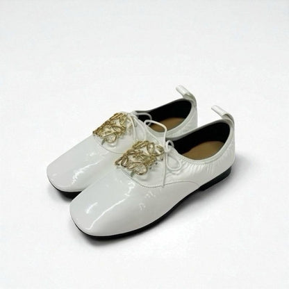 Loewe Flat Shoes Patent White Gold Anagram Soft Derby Lace Up
