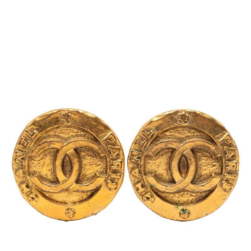 Chanel Vintage CC Logo Circle Earrings Gold Plated