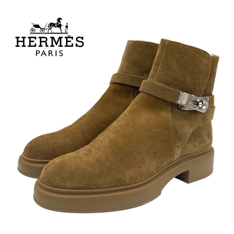 Hermes Veo Boots Short Boots Shoes Suede Shearling Brown Silver Shearling Boots
