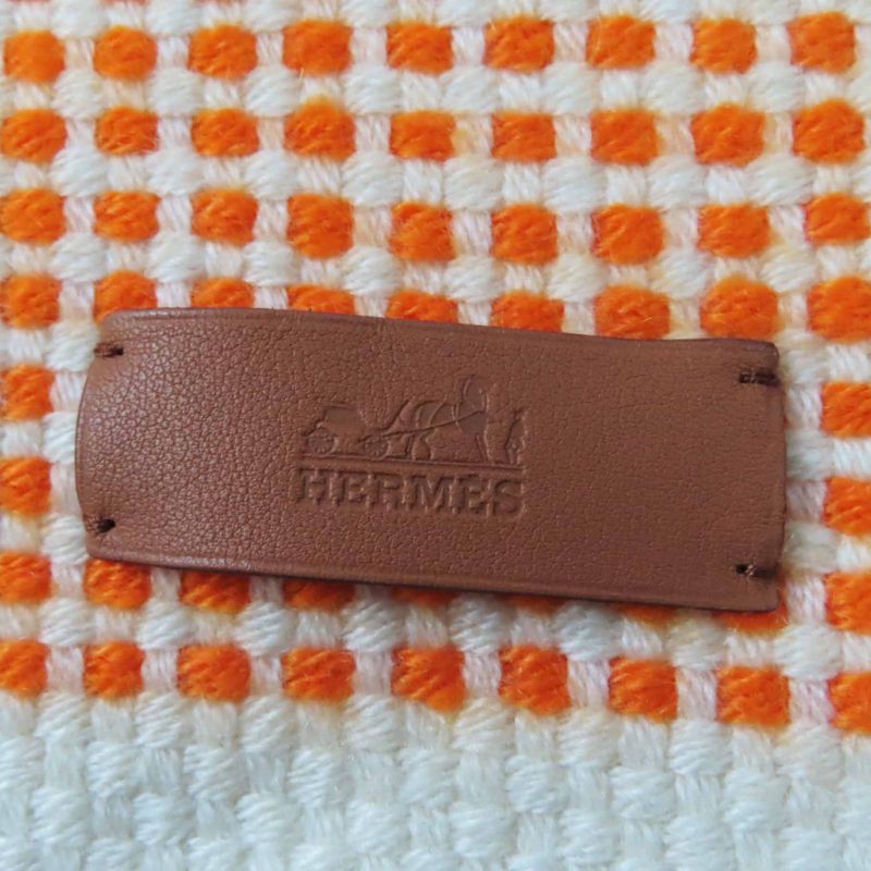 Hermes 100% Cashmere Lamb Leather Tagged Fringed Scarf Orange White Blue With