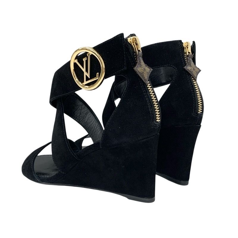 Louis Vuitton Horizon Line Sandals Shoes Suede Black Gold Lvhardware Wedge Sole