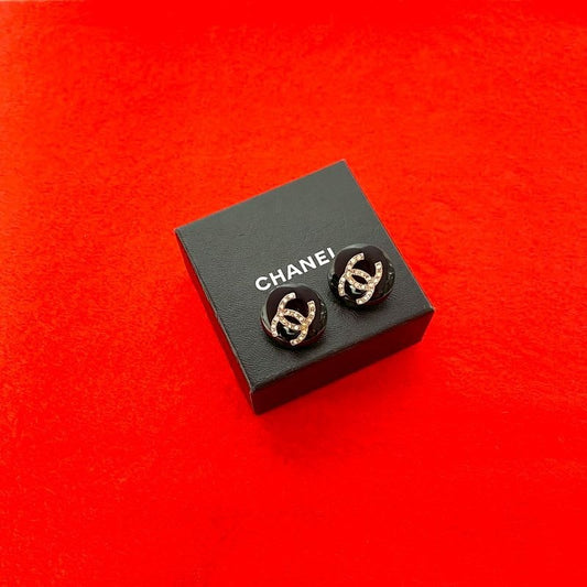 Chanel Vintage Coco Mark Motif Plastic Plated Earrings Black 96A