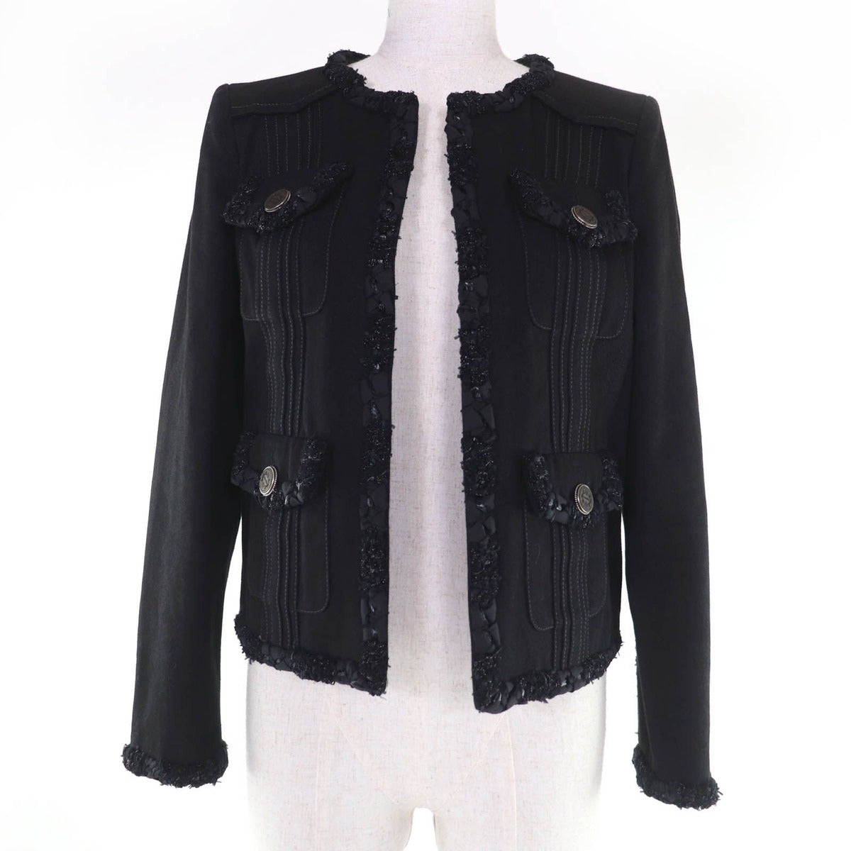 Chanel Cotton Logo Button Denim Jacket Collarless Black