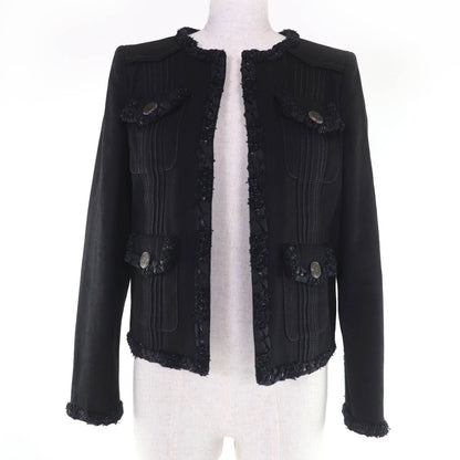 Chanel Cotton Logo Button Denim Jacket Collarless Black