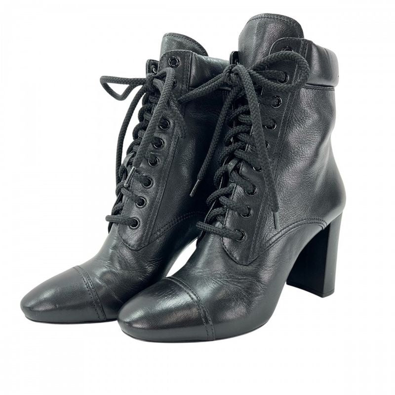 Prada Boots High Heel Lace Up 37 1 2 Leather Black Winter