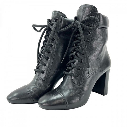 Prada Boots High Heel Lace Up 37 1 2 Leather Black Winter