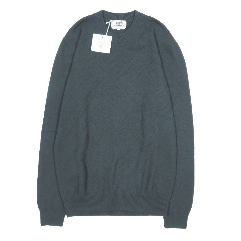 Hermes Cashmere Jacquard Knit Sweater Crew Neck Wave Embossed Pullover Dark