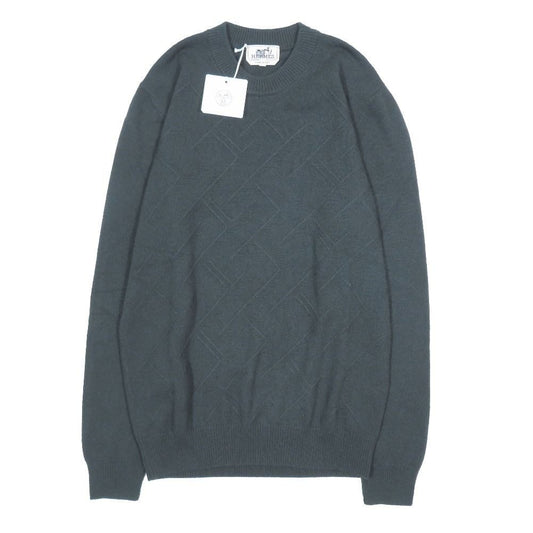 Hermes Cashmere Jacquard Knit Sweater Crew Neck Wave Embossed Pullover Dark