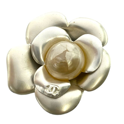 Chanel Vintage Camellia CC Logo Brooch Flower Champagne Gold Silver Faux Pearl