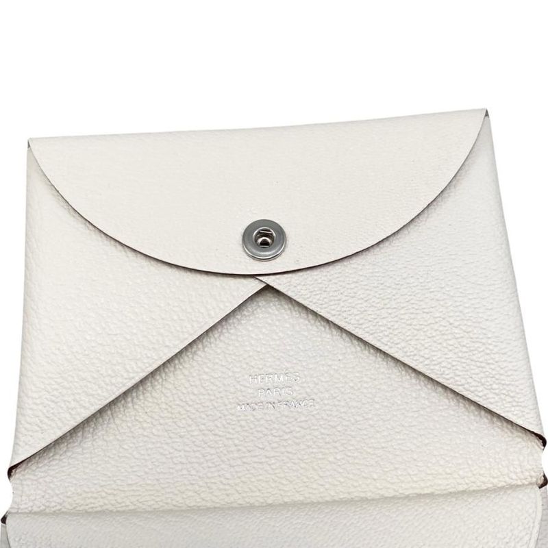 Hermes Card Case Coin Case Calvi Duo W Engraved Nata White Silver Hardware