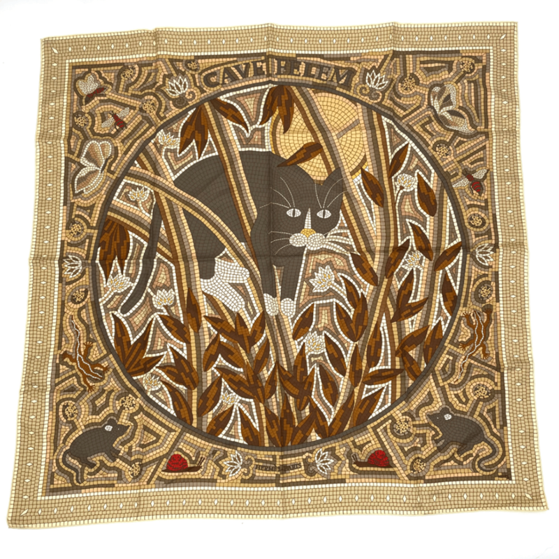 Hermes Carre 90 CAVE Felem Attention Cats Brahant Scarf 100% Silk