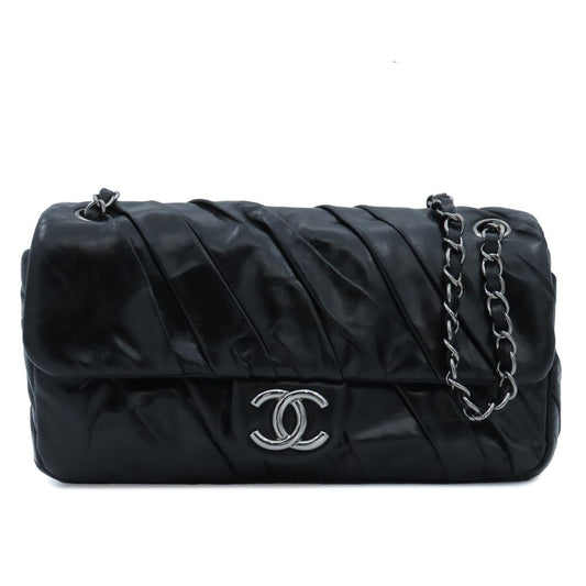 Chanel Shoulder Bag Black Gold Calfskin Twisted Gathered Chain Flap