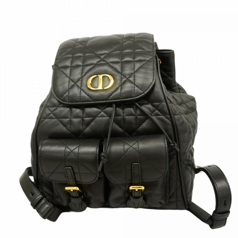 Christian Dior Backpack Daypack Canage Caro Leather Black Gold Hardware Women