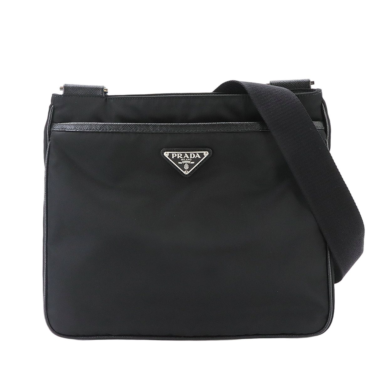 Prada Shoulder Bag Nylon Saffiano Leather Nero Black Silver