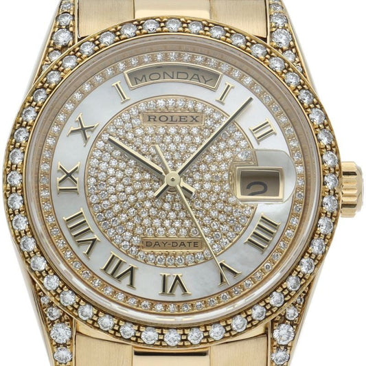 Rolex Day Date Watch Diamond Bezel Shell Pave Dial Box 18k Yellow Gold
