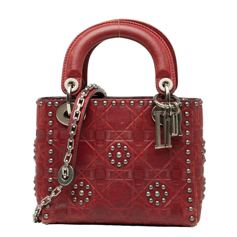 Dior Canage Lady Dior Mini Studded Handbag Chain Shoulder Bag 2WAY Red Leather