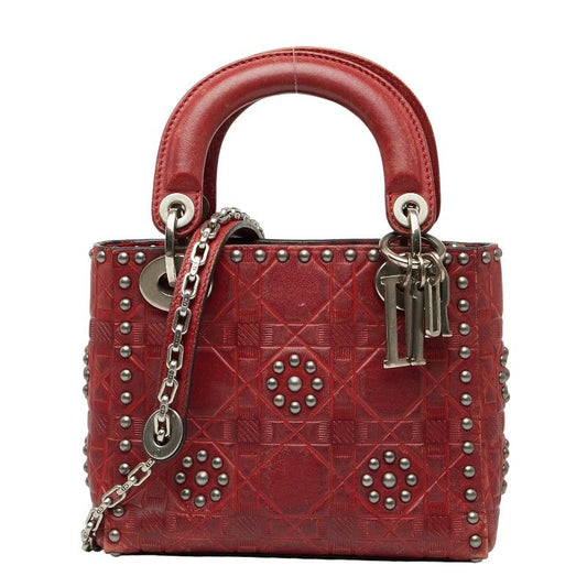 Dior Canage Lady Dior Mini Studded Handbag Chain Shoulder Bag 2WAY Red Leather
