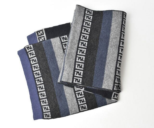 Fendi Scarf Fendi Winter Scarf Wool Blend FF Zucca Pattern Striped Blue Gray