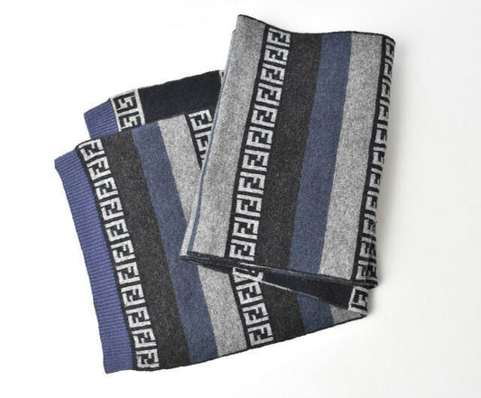 Fendi Scarf Fendi Winter Scarf Wool Blend FF Zucca Pattern Striped Blue Gray