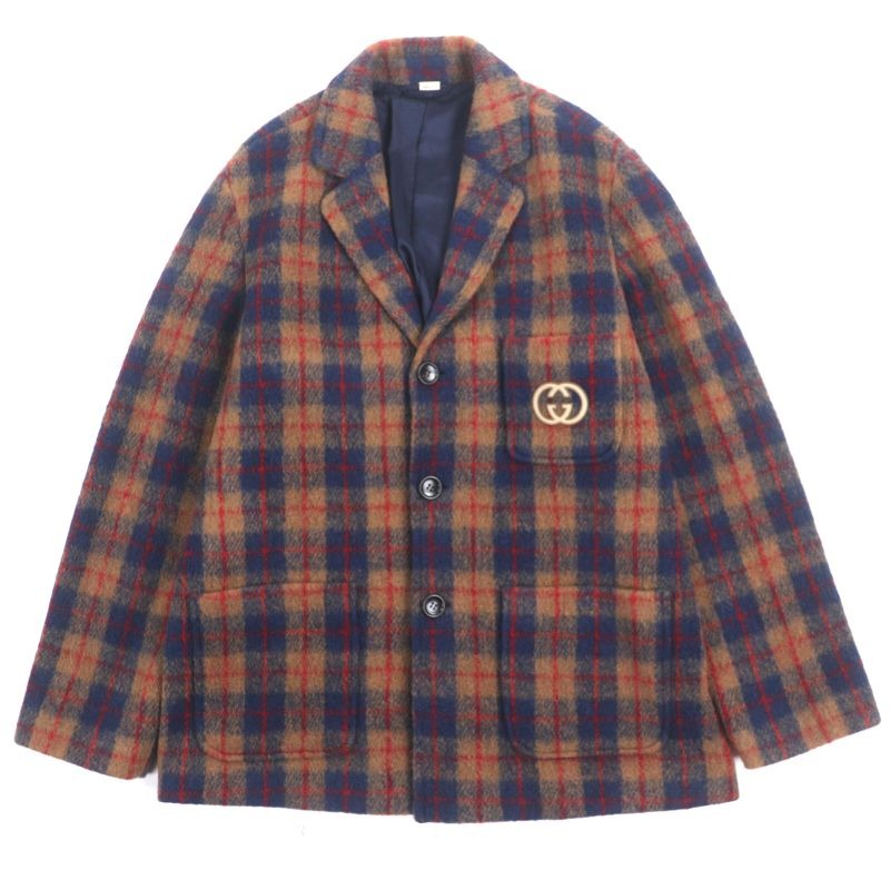 Gucci 70% Wool Interlocking G Patch Checked Single Jacket Tailored
