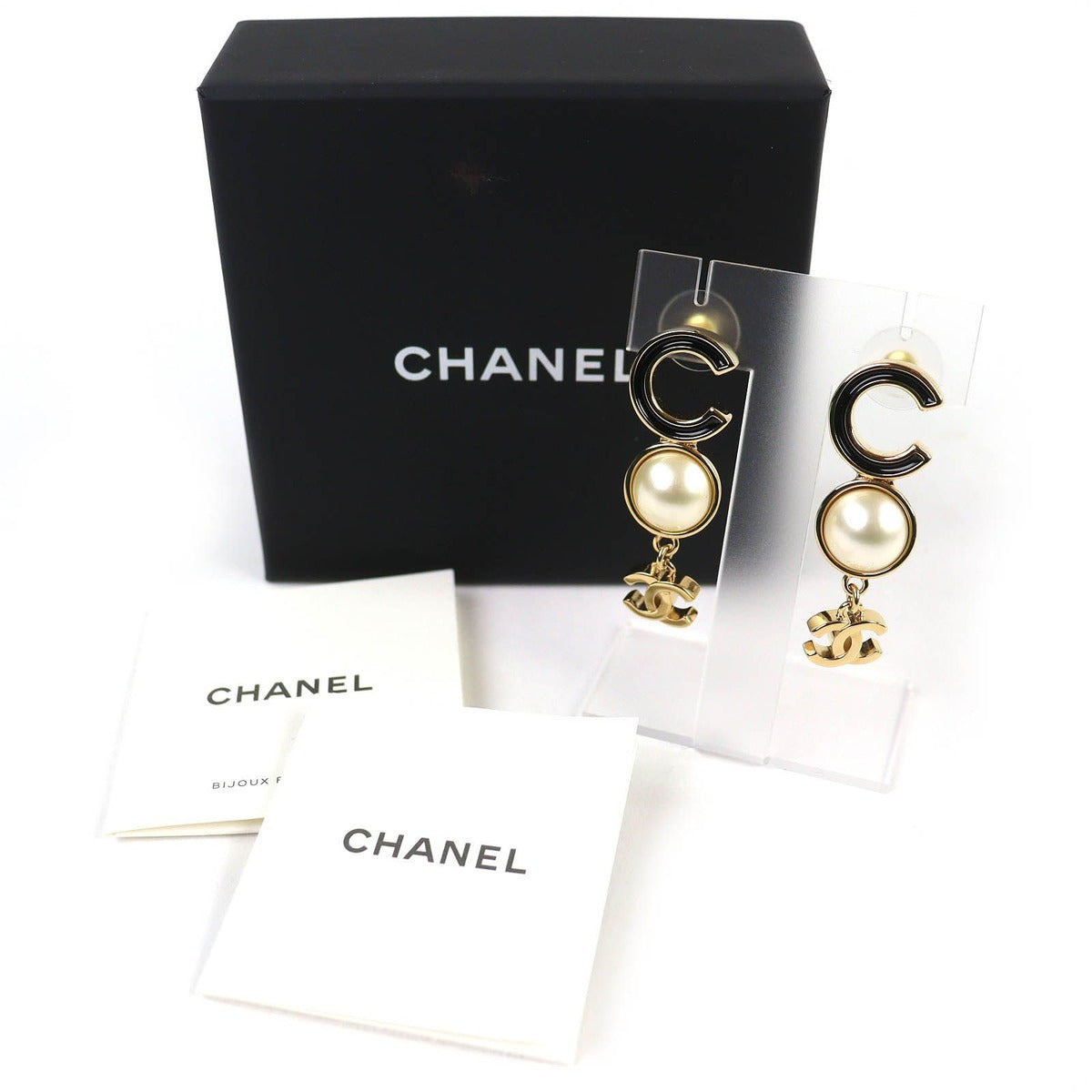 Chanel CC Logo Coco Faux Pearl Earrings for Both Ears Gold Black — view 2