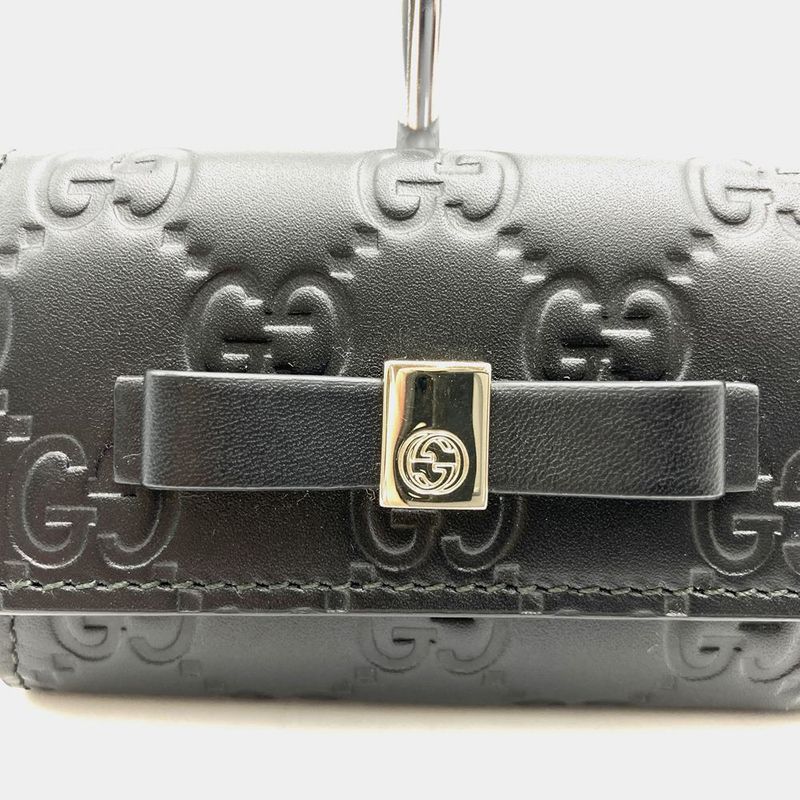 Gucci 388682 Key Case Leather Silver Hardware Ribbon Black Ladies Simple Fashion