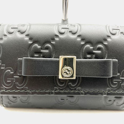 Gucci 388682 Key Case Leather Silver Hardware Ribbon Black Ladies Simple Fashion