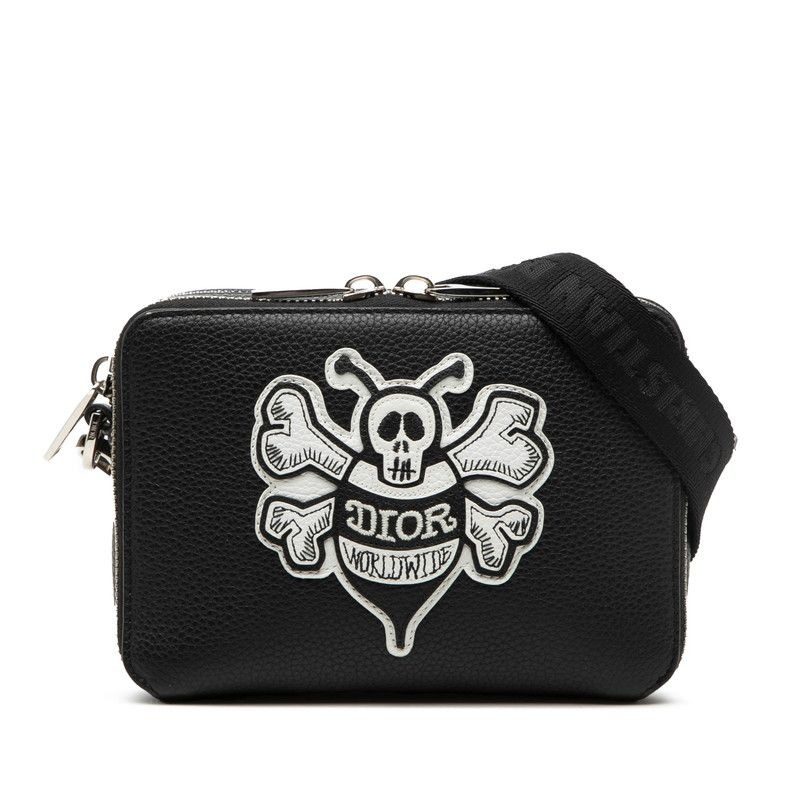 Dior Stussy Bee Patch Shoulder Bag Black White Leather