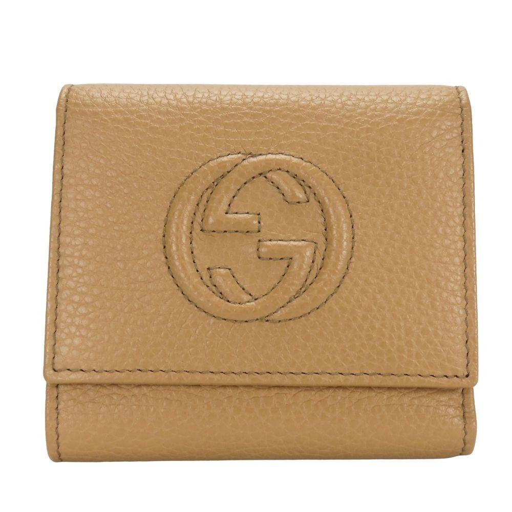 Gucci Trifold Wallet Interlocking W Hook Leather Beige