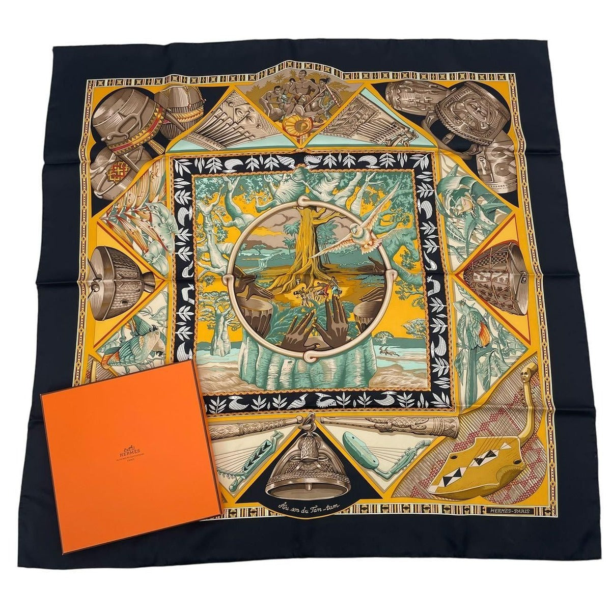 Hermes Scarf Carre 90 Au Son du Tam to the Sound of Silk Navy