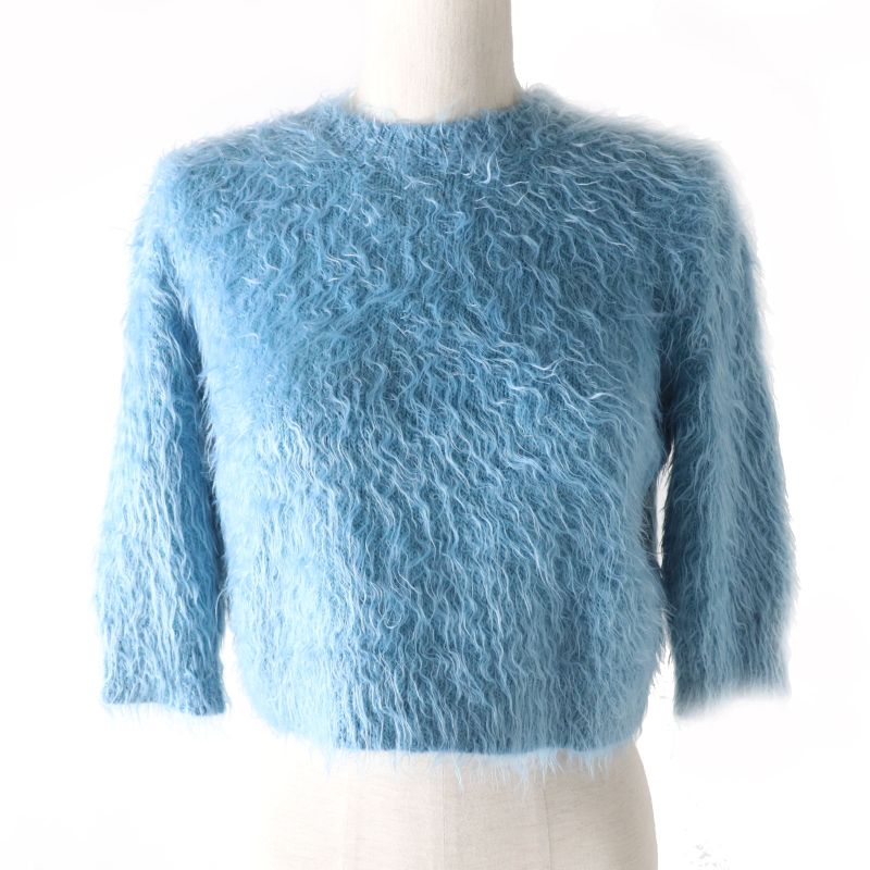 Gucci 695655 GG Embroidery Cubic Sleeve Cropped Knit Pullover Blue XS Made In