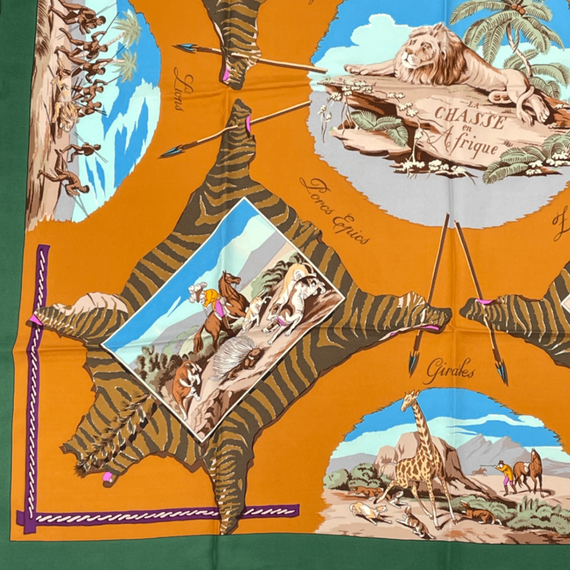 Hermes Carre 90 Scarf Silk LA Chasse En Afrique African Hunt Green