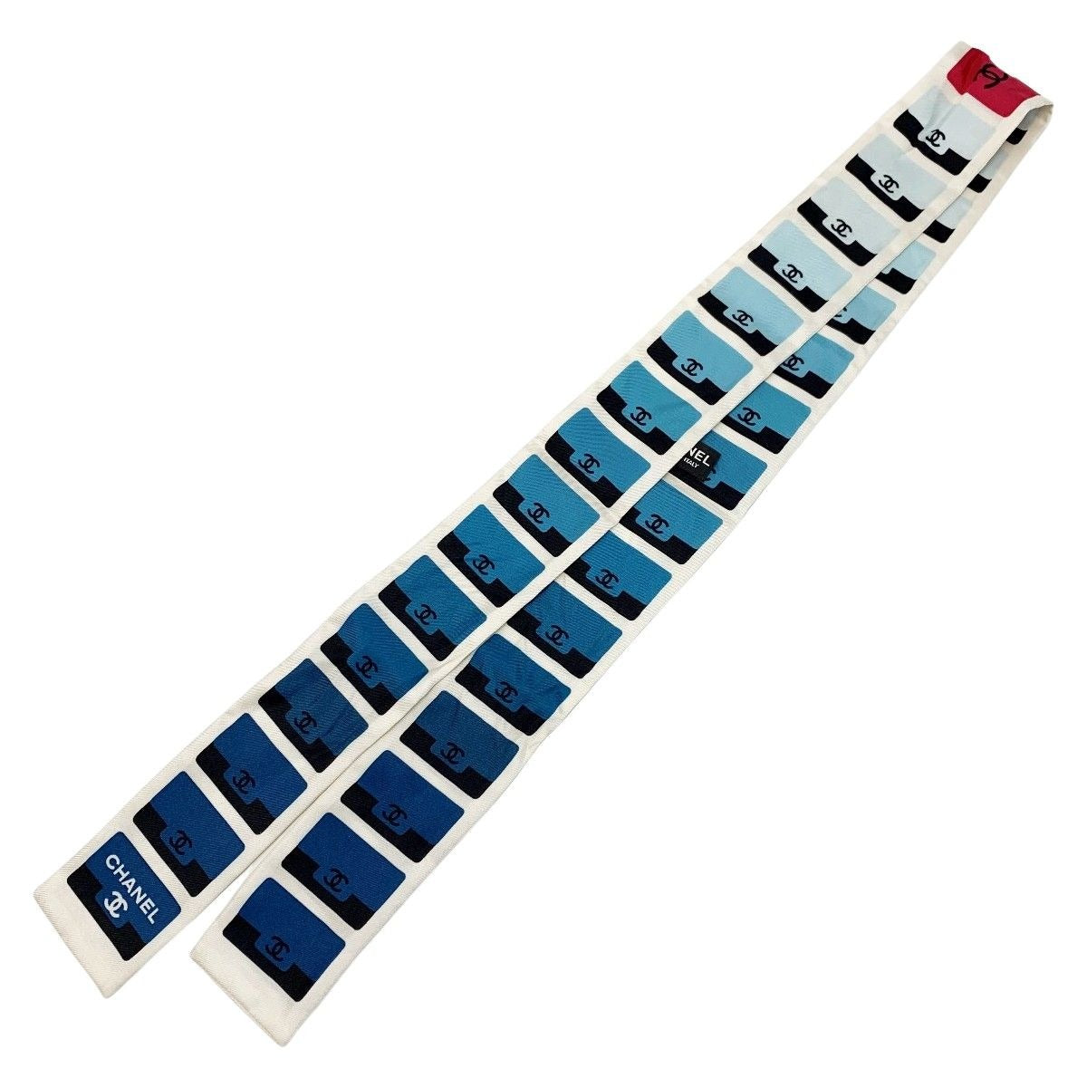 Chanel Headband Thin Scarf Twilly White Blue Silk