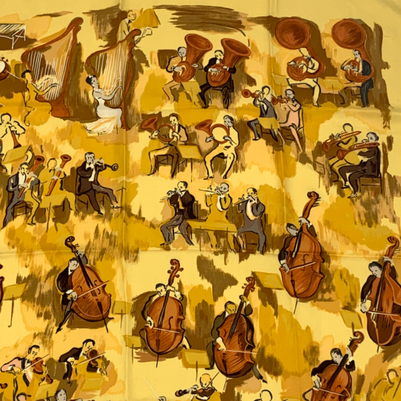 Hermes Carre 90 Concerto Yellow 100% Silk Scarf
