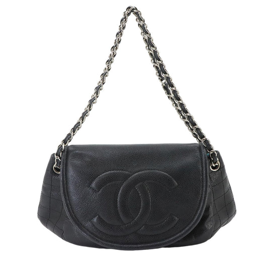 Chanel Half Moon Chain Shoulder Bag Caviar Leather Black Silver
