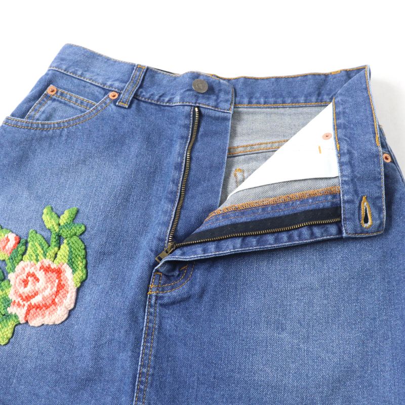 Gucci 456973 100% Cotton Flower Embroidered Denim Skirt Mini Skirt Indigo 42