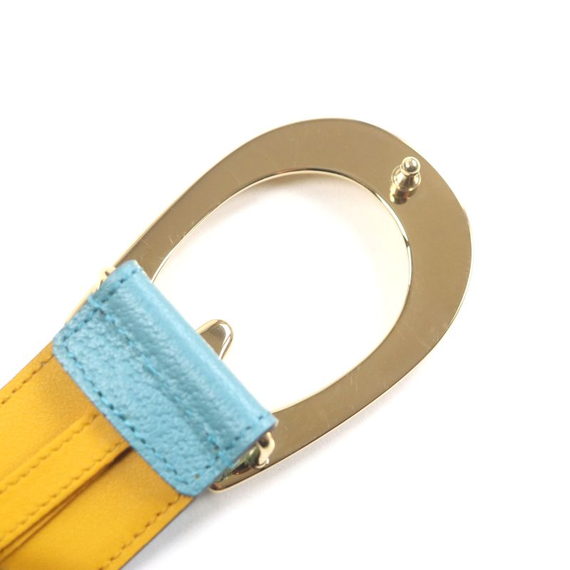 Gucci Memorable Buckle 709954 G Logo Buckle Bicolor Leather Belt Yellow Blue